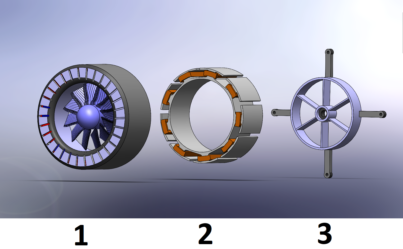 Pervaneye entegre mini BLDC motorun parçalarına ayrılmış teknik görünümü